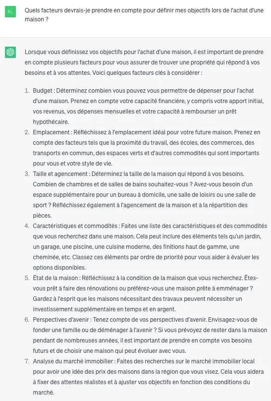 Exemple de prompt : Quels facteurs devrais-je prendre en compte pour définir mes objectifs lors de l'achat d'une maison ?
