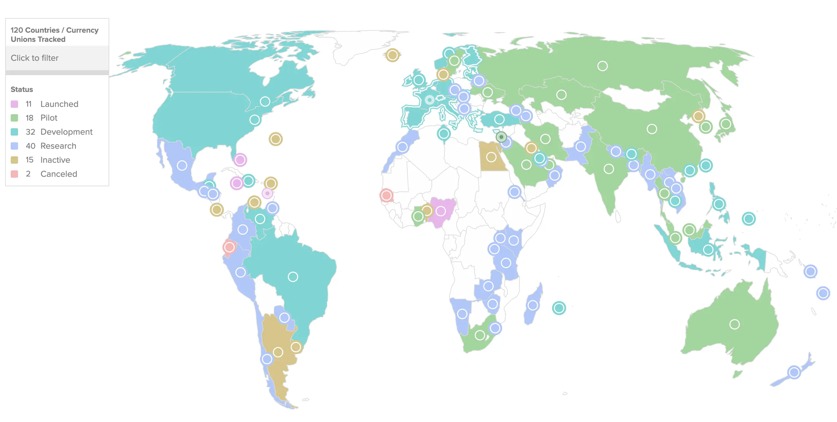 Carte du monde présentant l'état d'avancement des projets de CBDC
