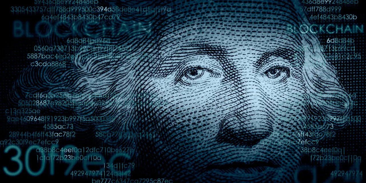 Figure du dollar américain, série de chiffres, blockchain, CBDC