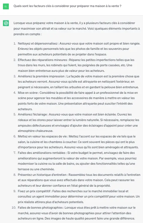 Exemple de prompt : Quels sont les facteurs clés à considérer pour préparer ma maison à la vente ?